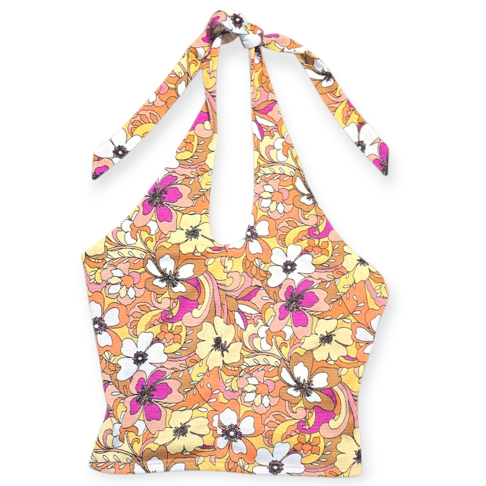 SO Floral Halter Crop Top in Orange, Pink, Yellow, White